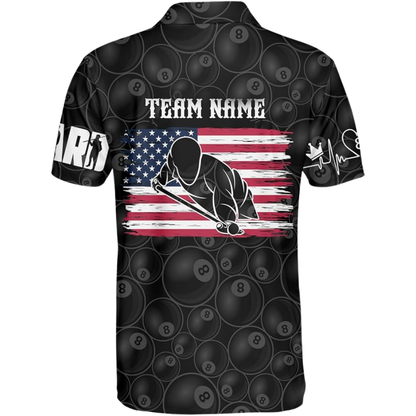 Custom American Flag 8 Ball Black Billiard Men Polo Shirts, Custom Patriotic Pool Billiard Team Shirts BIZ0079
