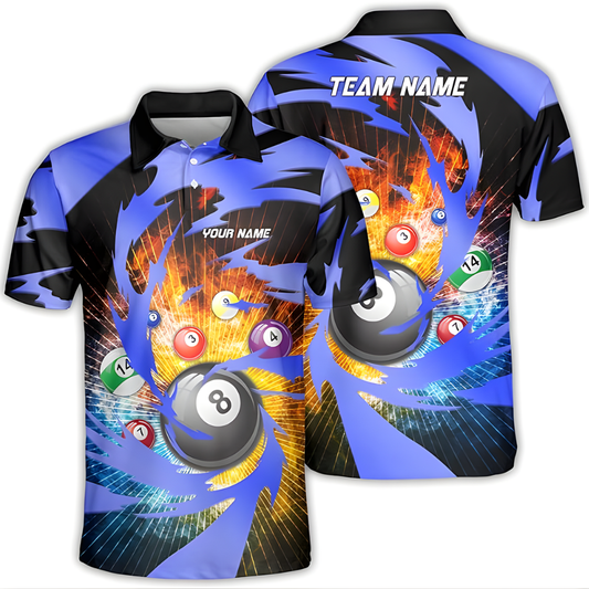 Custom Flame Black And Blue Billiard Polo Shirts For Men, Custom Billiard Team Shirts BIZ0080