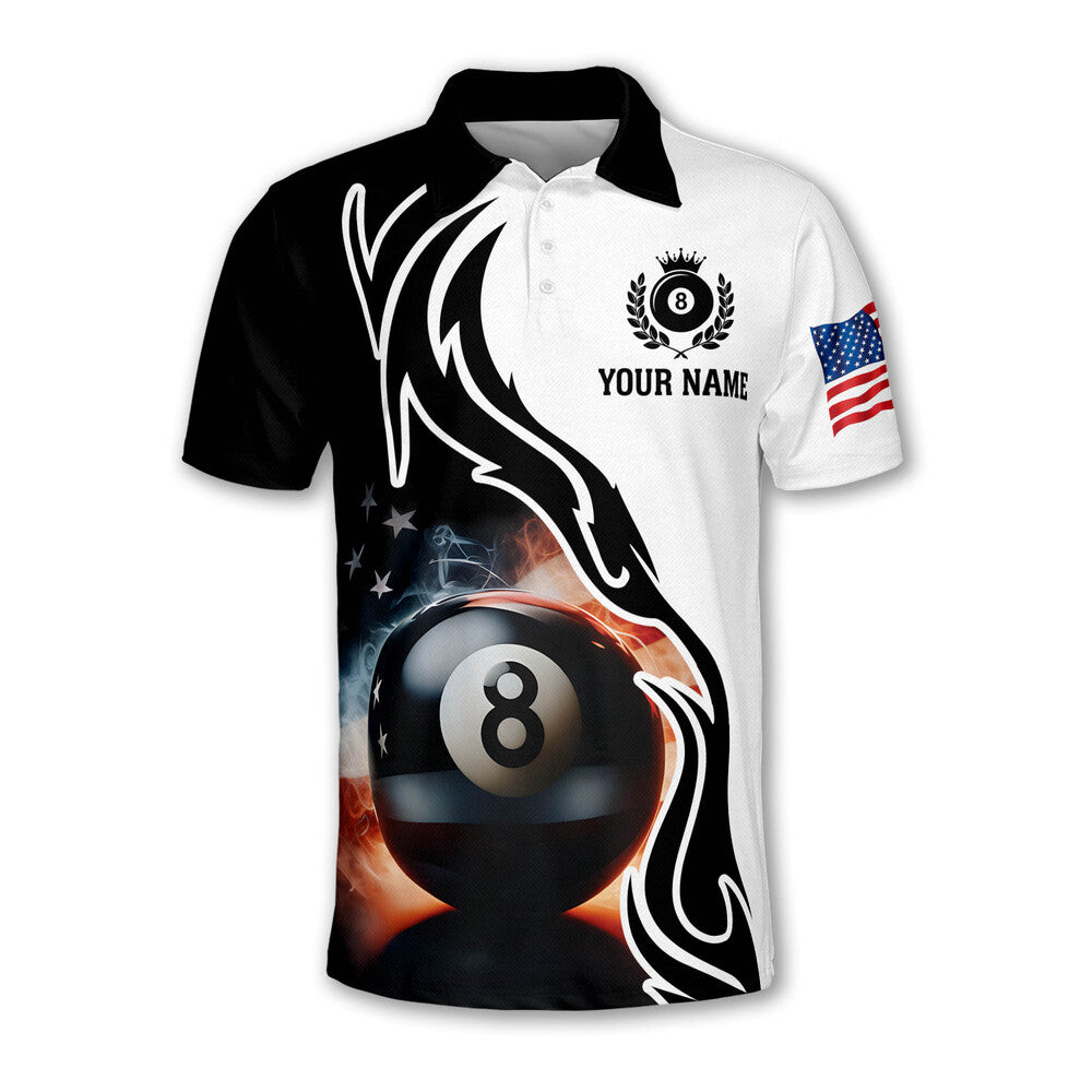 Black And White Custom 8 Ball American Flag Billiard Men Polo Shirts, Custom Patriotic Billiard Team Shirts BIZ0093