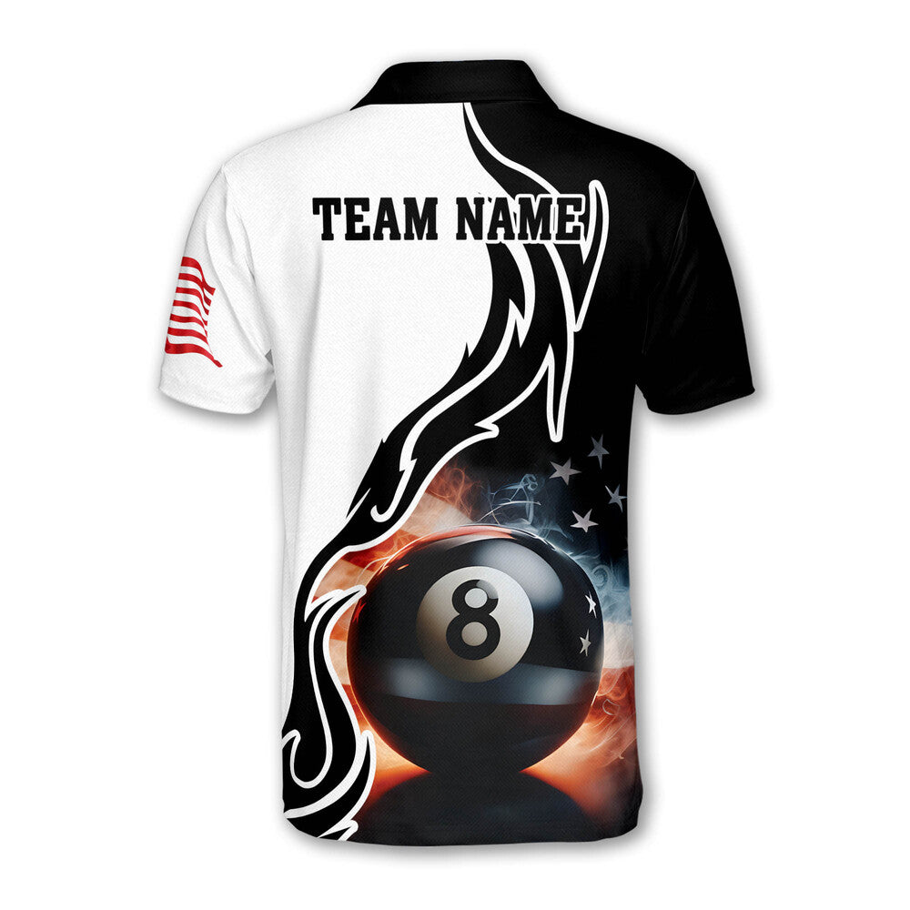 Black And White Custom 8 Ball American Flag Billiard Men Polo Shirts, Custom Patriotic Billiard Team Shirts BIZ0093