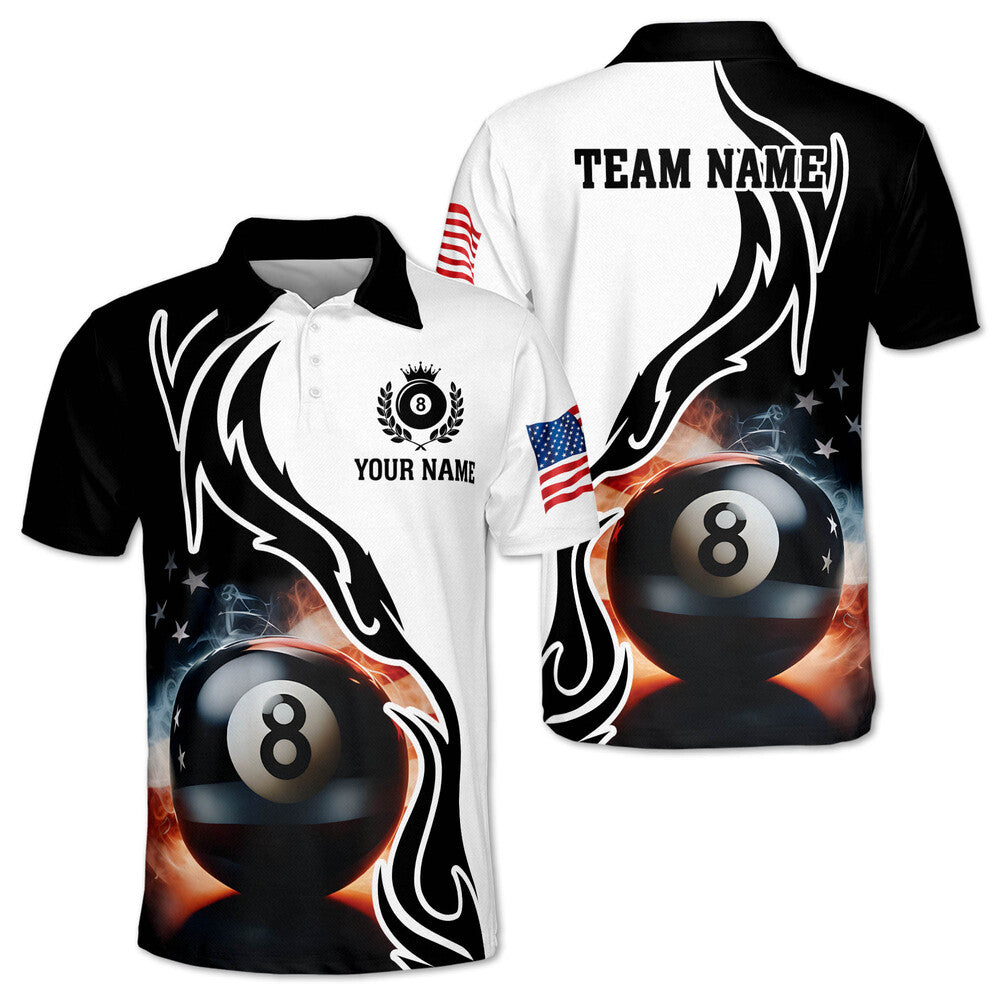 Black And White Custom 8 Ball American Flag Billiard Men Polo Shirts, Custom Patriotic Billiard Team Shirts BIZ0093