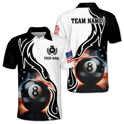 Black And White Custom 8 Ball American Flag Billiard Men Polo Shirts, Custom Patriotic Billiard Team Shirts BIZ0093