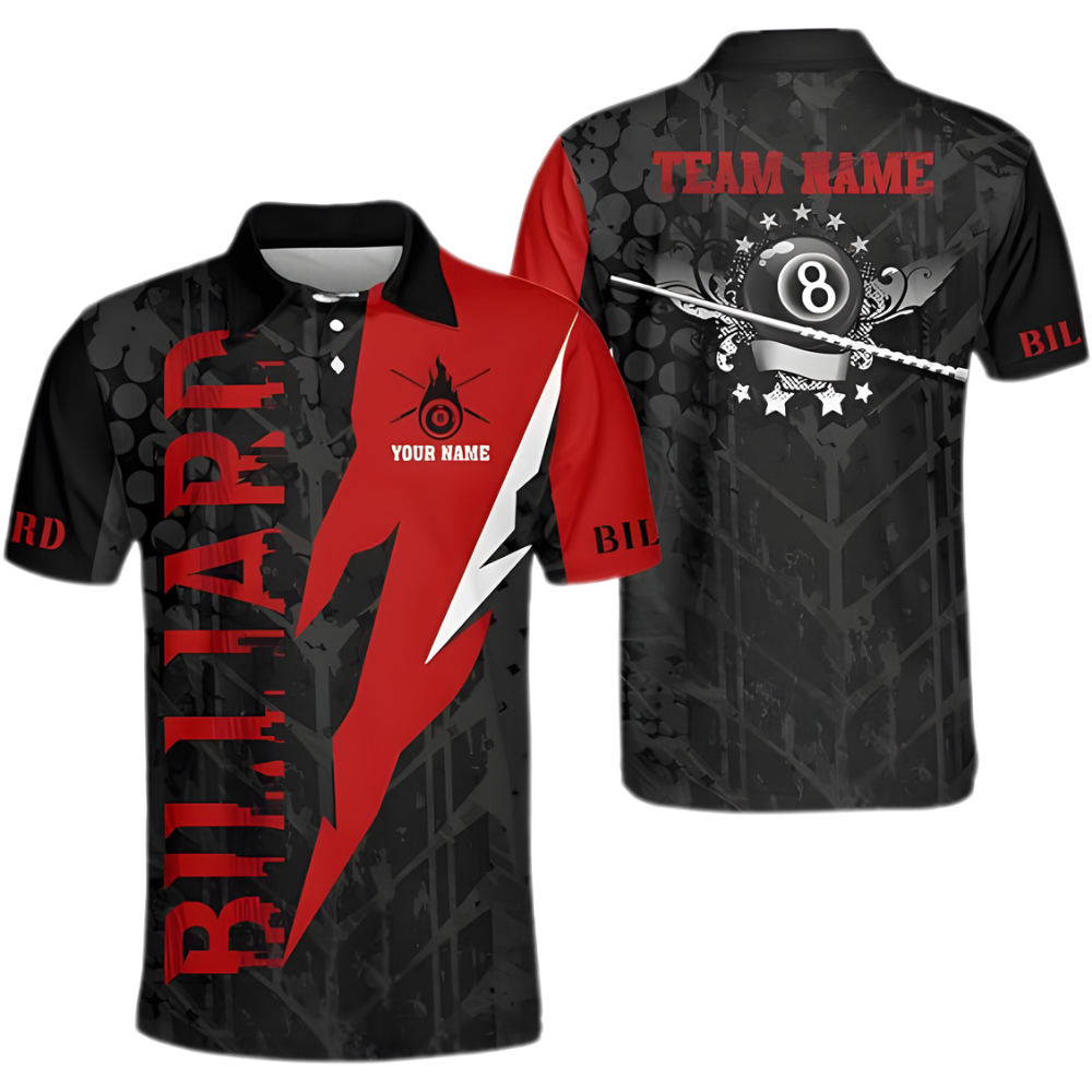 Custom 8 Ball Black And Red Billiard Polo Shirt For Men, Custom 8 Ball Billiard Team Shirts BIZ0096