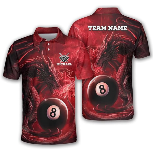 Custom Dragon 8 Ball Red Billiard Men Polo Shirts, Custom Dragon Billiard Team Shirts BIZ0099