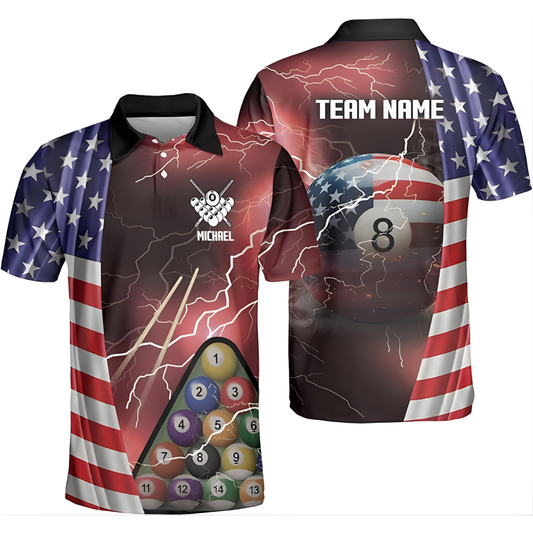 Custom USA Flag Thunder Lightning Billiard Men Polo Shirt, Custom Patrotic Billiard Team Shirts BIZ0105