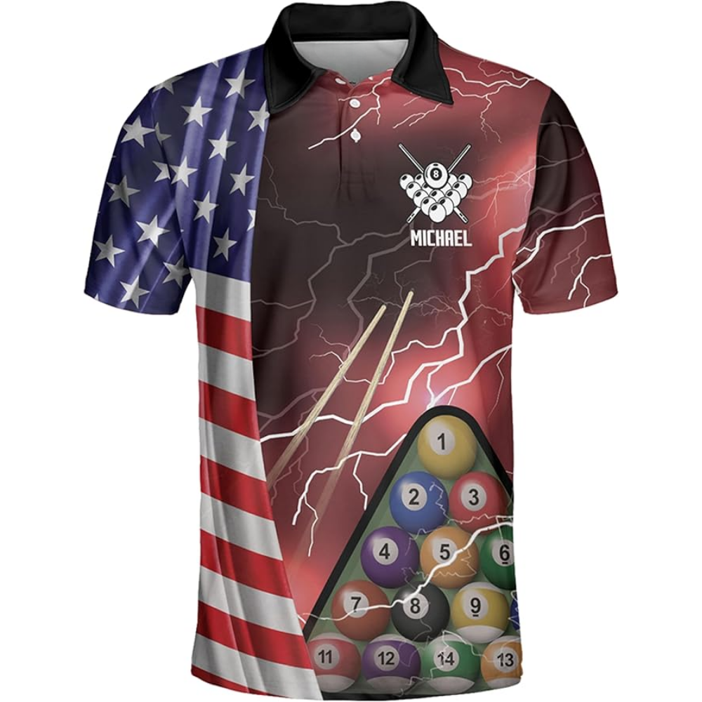 Custom USA Flag Thunder Lightning Billiard Men Polo Shirt, Custom Patrotic Billiard Team Shirts BIZ0105