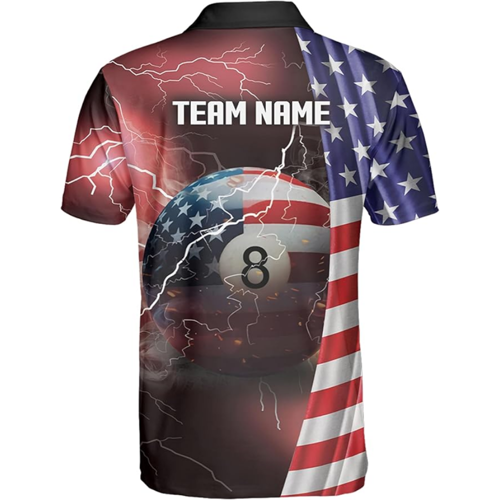 Custom USA Flag Thunder Lightning Billiard Men Polo Shirt, Custom Patrotic Billiard Team Shirts BIZ0105