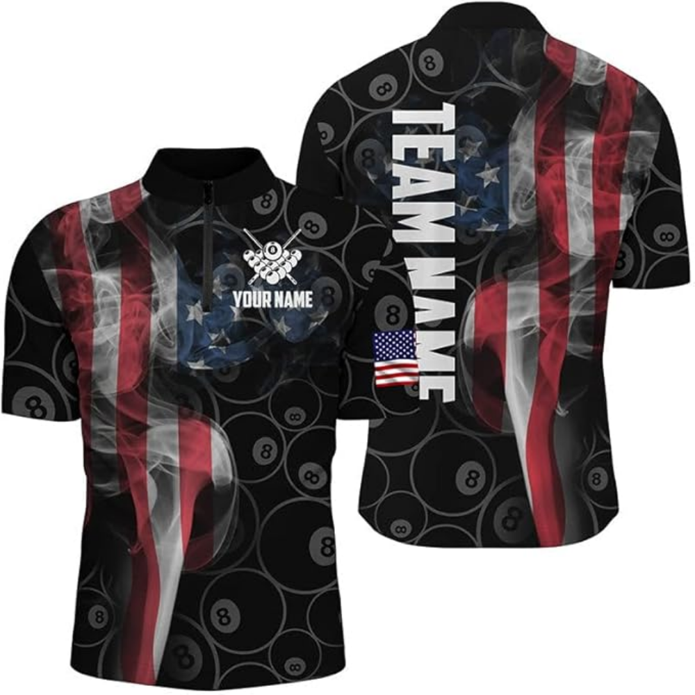 Custom 8 Ball USA Flag Smoke Billiard Jersey For Men, Custom Patriotic Billiard Team Shirts BIZ0107