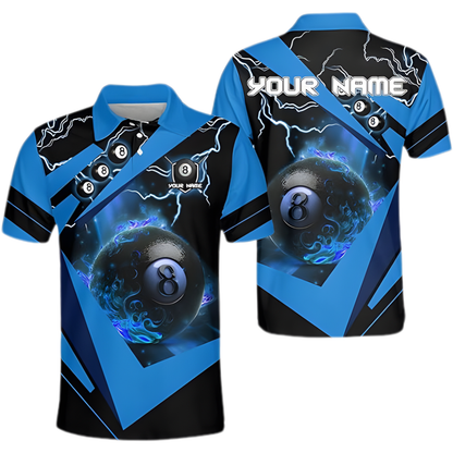 Custom 8 Ball Billiard Polo Team Shirt For Men, Custom Black And Blue Billiard Shirts BIZ0108