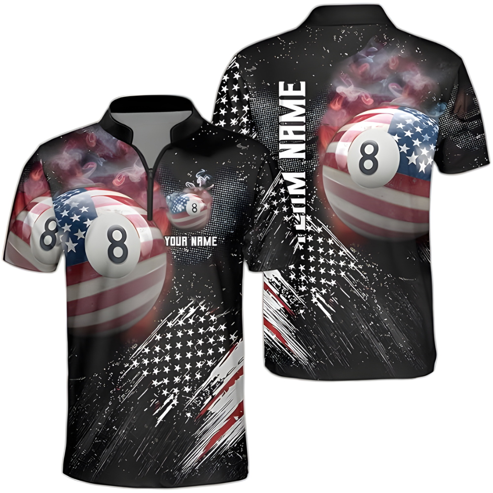 Custom 8 Ball American Flag Billiard Men Jersey, Custom Patriotic Billiard Team Shirts BIZ0110
