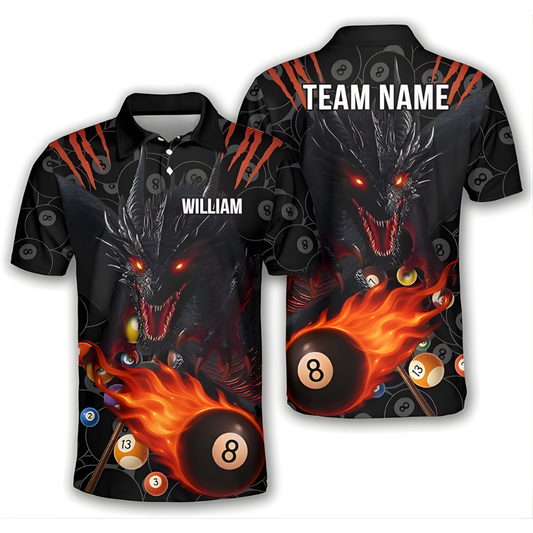 Custom Draogn Flaming 8 Ball Billiard Men Polo Shirt, Custom Dragon Billiard Shirts For Team BIZ0112