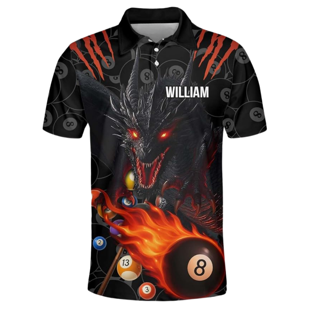 Custom Draogn Flaming 8 Ball Billiard Men Polo Shirt, Custom Dragon Billiard Shirts For Team BIZ0112