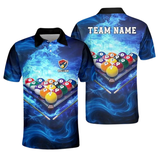Custom Blue Flame Smoke Billiard Team Polo Shirt For Mens, Custom Flame Billiards Team Shirts BIZ0116