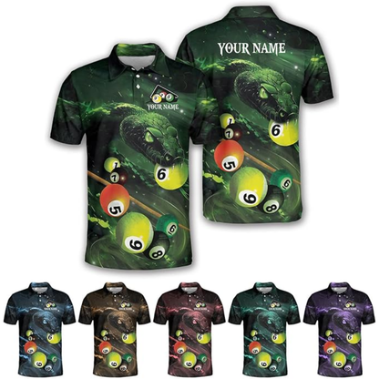 Custom Green Snake Billiard Men Polo Shirts, Custom Snake Pool Billiard Team Shirts BIZ0119
