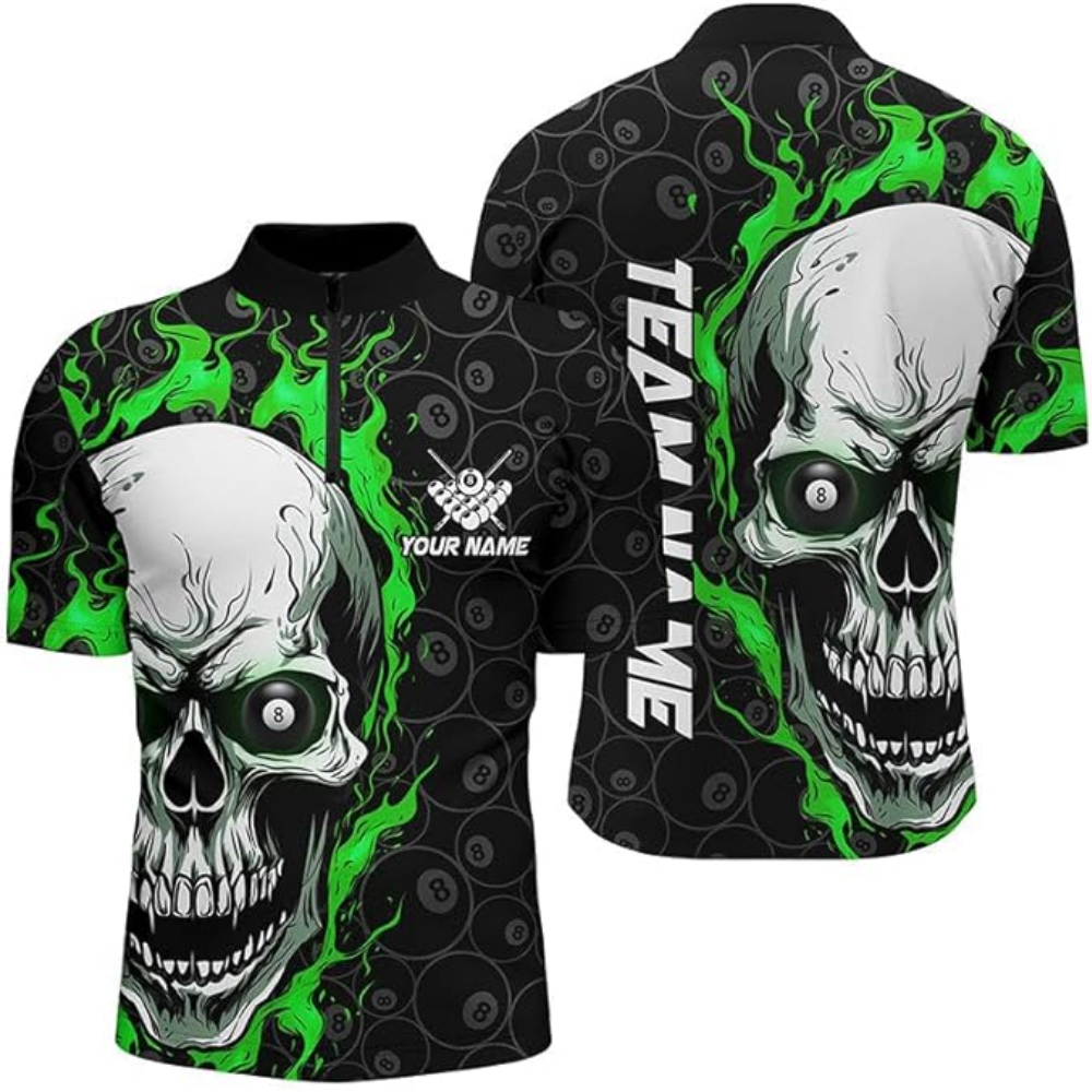 Custom Skull 8 Ball Billiard Men Jersey, Custom Skull Green Flame Billiard Team Shirts BIZ0121