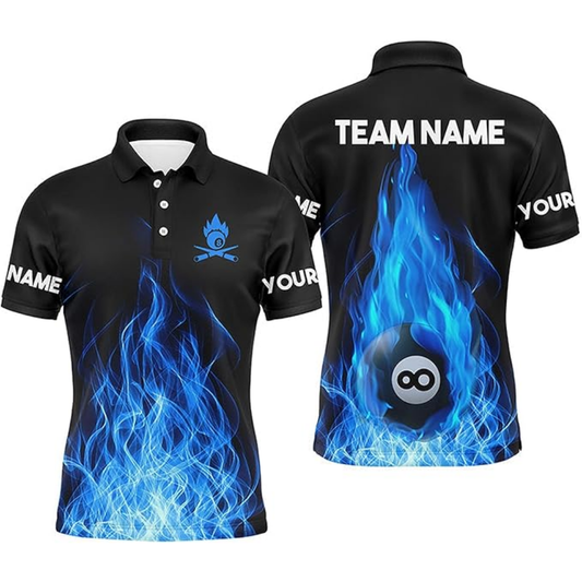 Custom Blue Flame 8 Ball Polo Shirt For Mens, Custom Flame Billiard Team Shirts BIZ0122