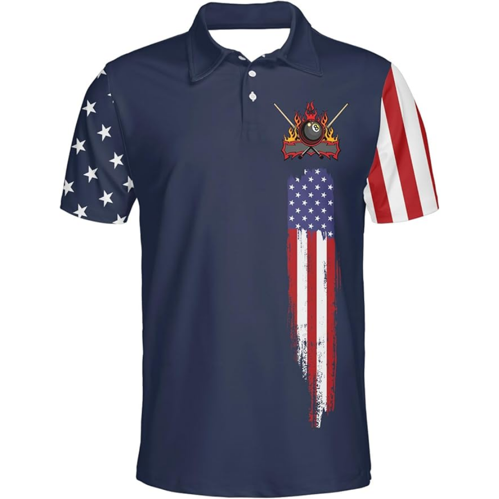 Custom Red White And Blue American Flag Billiard Polo Shirt For Mens, Custom Patriotic Billiard Team Shirts BIZ0125
