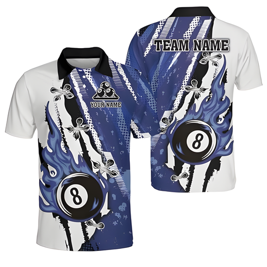 Custom Flaming 8 Ball Blue And White Billiard Men's Polo Shirt, Custom 8 Ball Billiard Team Shirts BIZ0126