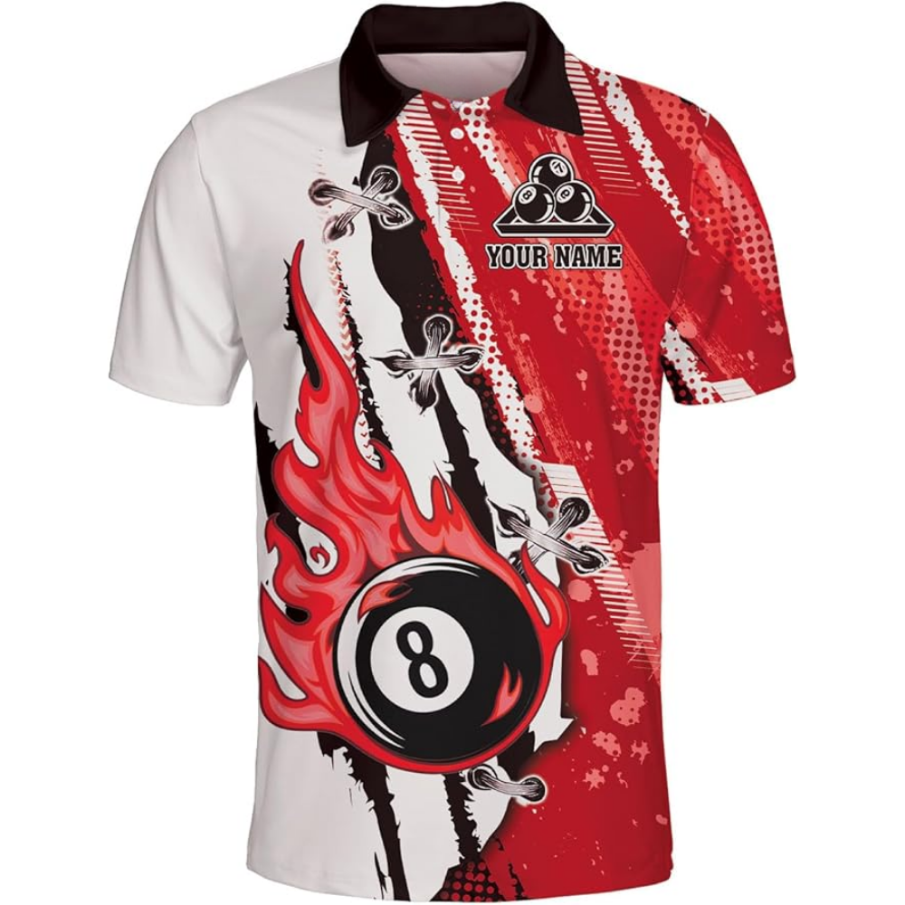 Custom Flaming 8 Ball Blue And White Billiard Men's Polo Shirt, Custom 8 Ball Billiard Team Shirts BIZ0126