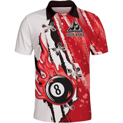 Custom Flaming 8 Ball Blue And White Billiard Men's Polo Shirt, Custom 8 Ball Billiard Team Shirts BIZ0126