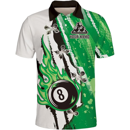 Custom Flaming 8 Ball Blue And White Billiard Men's Polo Shirt, Custom 8 Ball Billiard Team Shirts BIZ0126