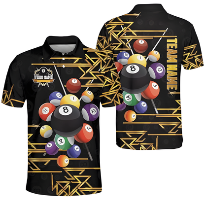 Custom Black And Gold 8 Ball Billiard Team Polo Shirts For Mens, Custom Billiard Team Shirts BIZ0127