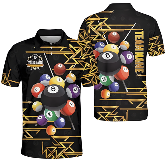 Custom Black And Gold 8 Ball Billiard Team Polo Shirts For Mens, Custom Billiard Team Shirts BIZ0127