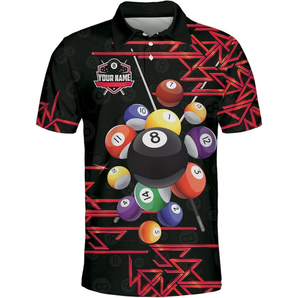 Custom Black And Gold 8 Ball Billiard Team Polo Shirts For Mens, Custom Billiard Team Shirts BIZ0127