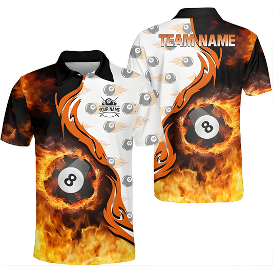 Custom Flame 8 Ball Billiard Men Polo Shirts, Custom Flame Billiard Shirts For Team BIZ0132