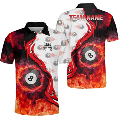 Custom Flame 8 Ball Billiard Men Polo Shirts, Custom Flame Billiard Shirts For Team BIZ0132