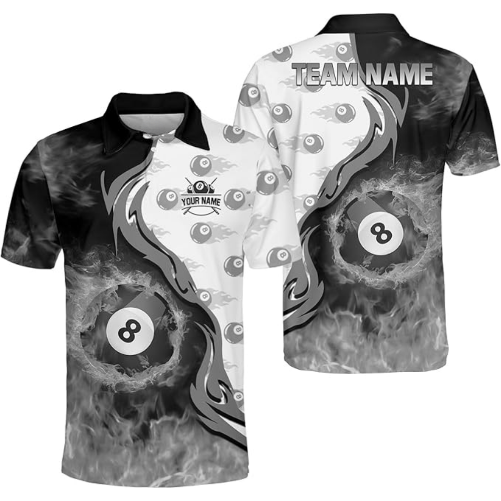 Custom Flame 8 Ball Billiard Men Polo Shirts, Custom Flame Billiard Shirts For Team BIZ0132