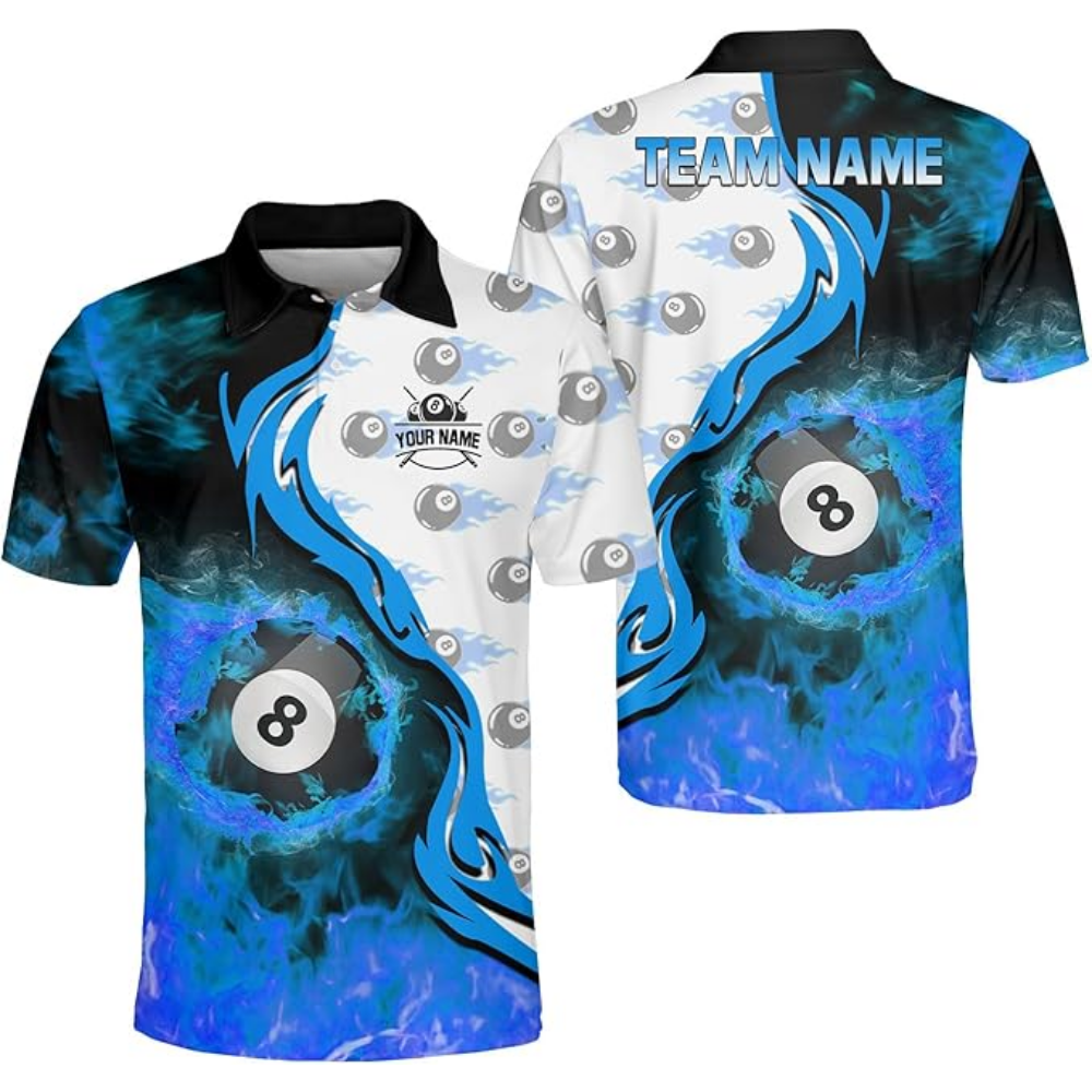 Custom Flame 8 Ball Billiard Men Polo Shirts, Custom Flame Billiard Shirts For Team BIZ0132