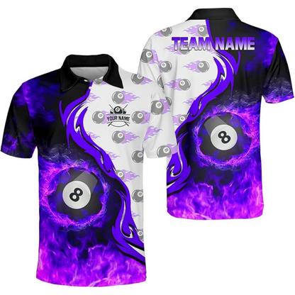 Custom Flame 8 Ball Billiard Men Polo Shirts, Custom Flame Billiard Shirts For Team BIZ0132
