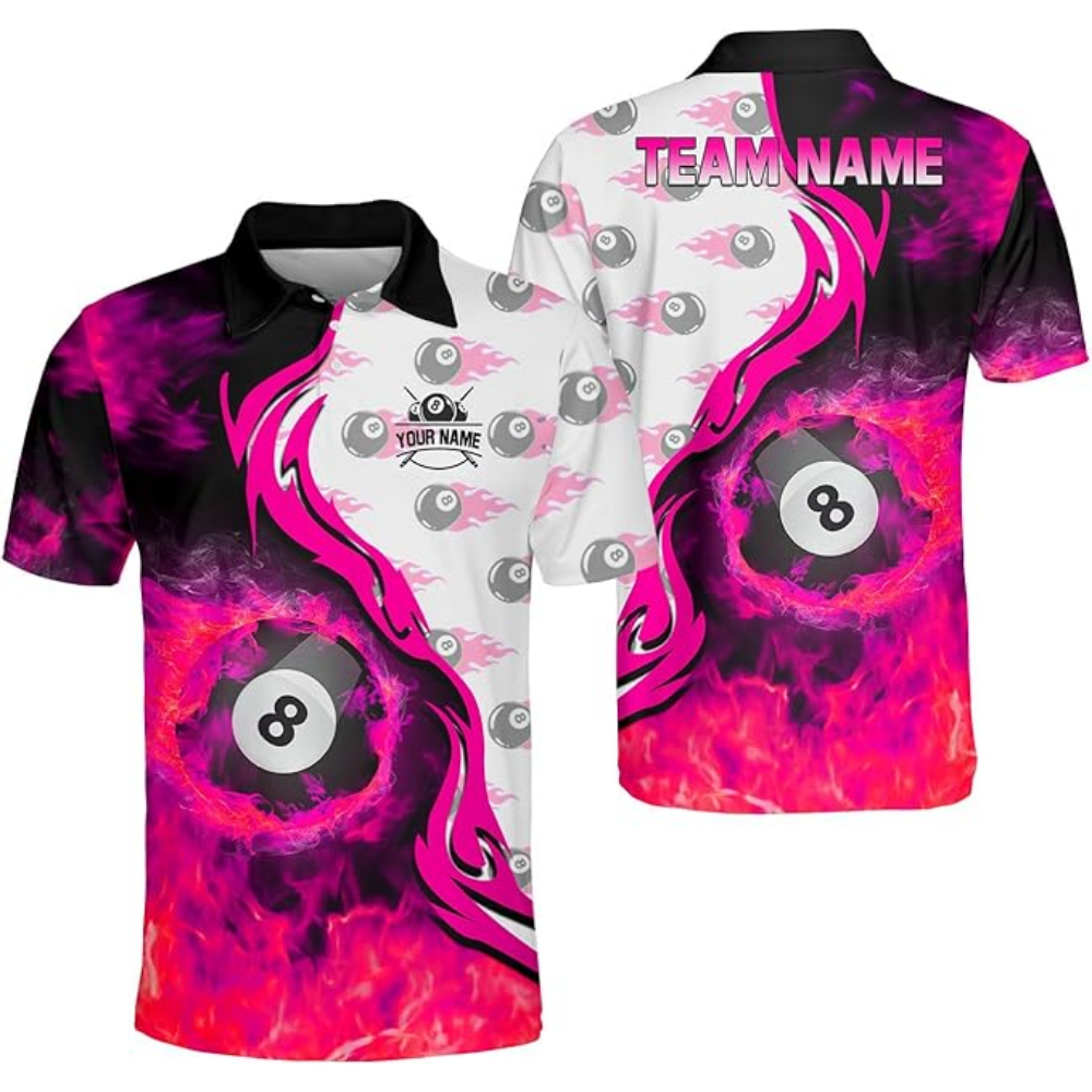 Custom Flame 8 Ball Billiard Men Polo Shirts, Custom Flame Billiard Shirts For Team BIZ0132