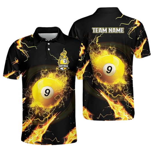Custom Thunder 9 Ball Yellow Billiard Polo Shirt Mens, Custom 9 Ball Pool Billiard Team Shirts BIZ0133