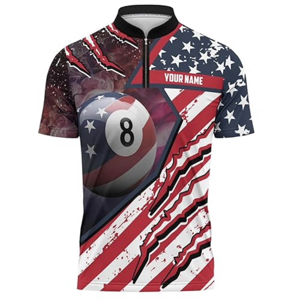 Custom 8 Ball American Flag Billiard Jersey For Mens, Custom Patriotic Pool Billiard Team Shirts BIZ0134
