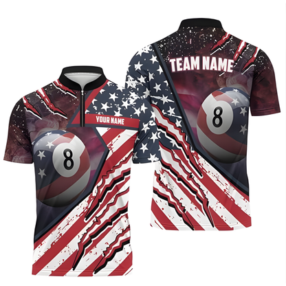 Custom 8 Ball American Flag Billiard Jersey For Mens, Custom Patriotic Pool Billiard Team Shirts BIZ0134