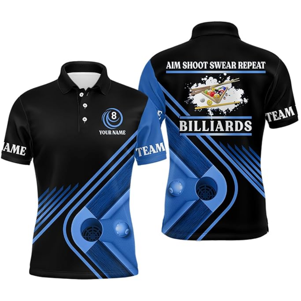 Custom Aim Shoot Swear Repeat Billiard Polo Shirts For Mens, Custom Funny Billiard Team Shirts BIZ0136