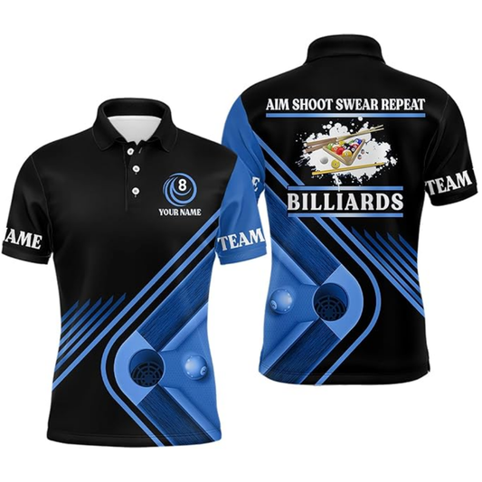 Custom Aim Shoot Swear Repeat Billiard Polo Shirts For Mens, Custom Funny Billiard Team Shirts BIZ0136