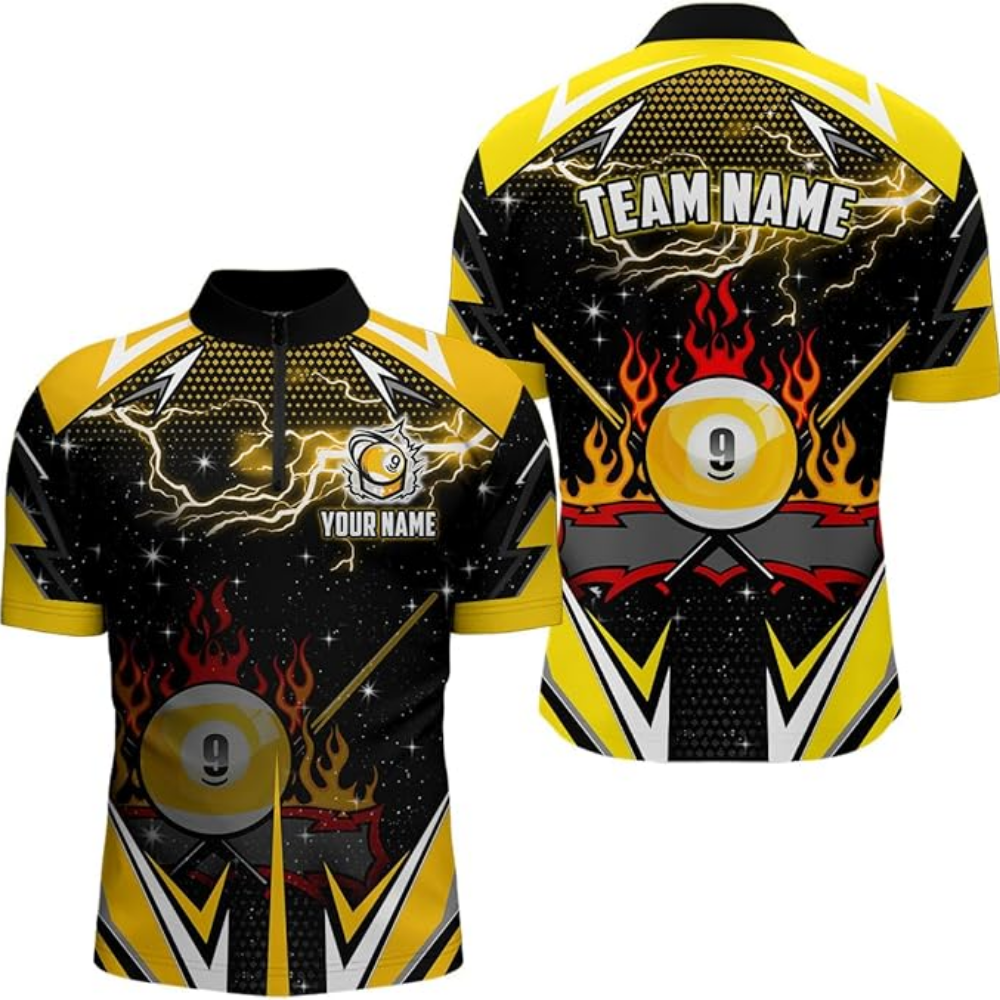 Flaming 9 Ball Custom Black And Yellow Thunder Billiard Jersey For Men, Custom 9 Ball Billiard Team Shirts BIZ0140