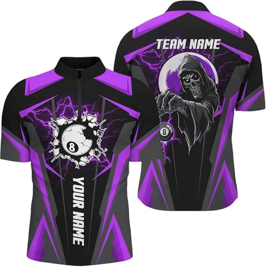 Custom Skull 8 Ball Purple Billiard Jersey For Men, Custom Skull Pool Billiard Team Shirts BIZ0141