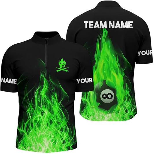 Custom Neon Green Flame Billiard Jersey For Mens, Custom Flame Pool Billiard Team Shirts BIZ0143