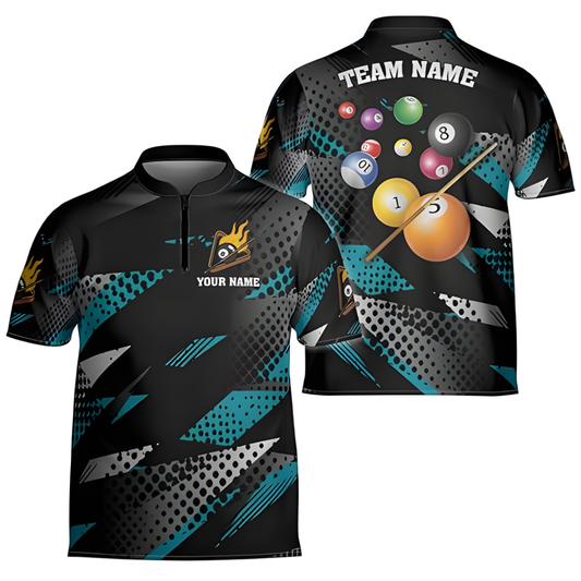 Custom Billiard Team Jersey For Mens, Custom Black And Cyan Pool Billiard Shirts BIZ0146