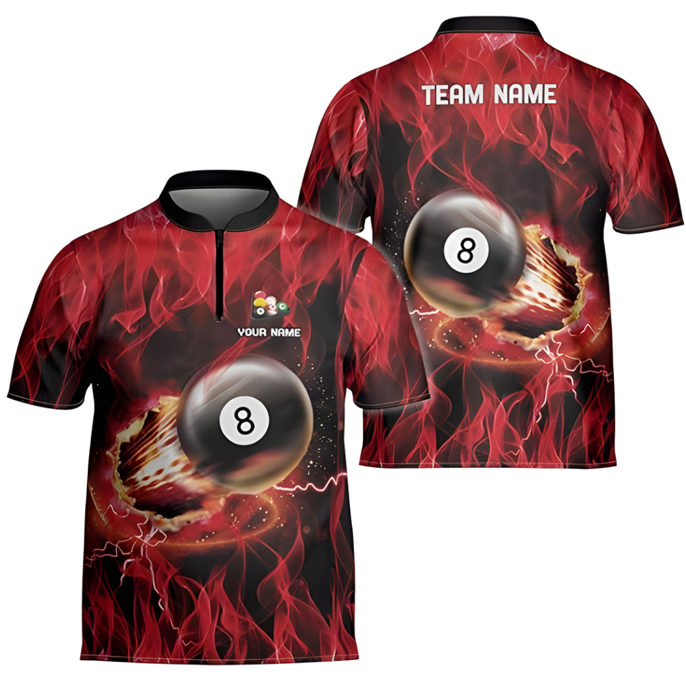 Custom Red Flame 8 Ball  Billiard Men Jersey, Custom Flame Billiard Team Shirts BIZ0147