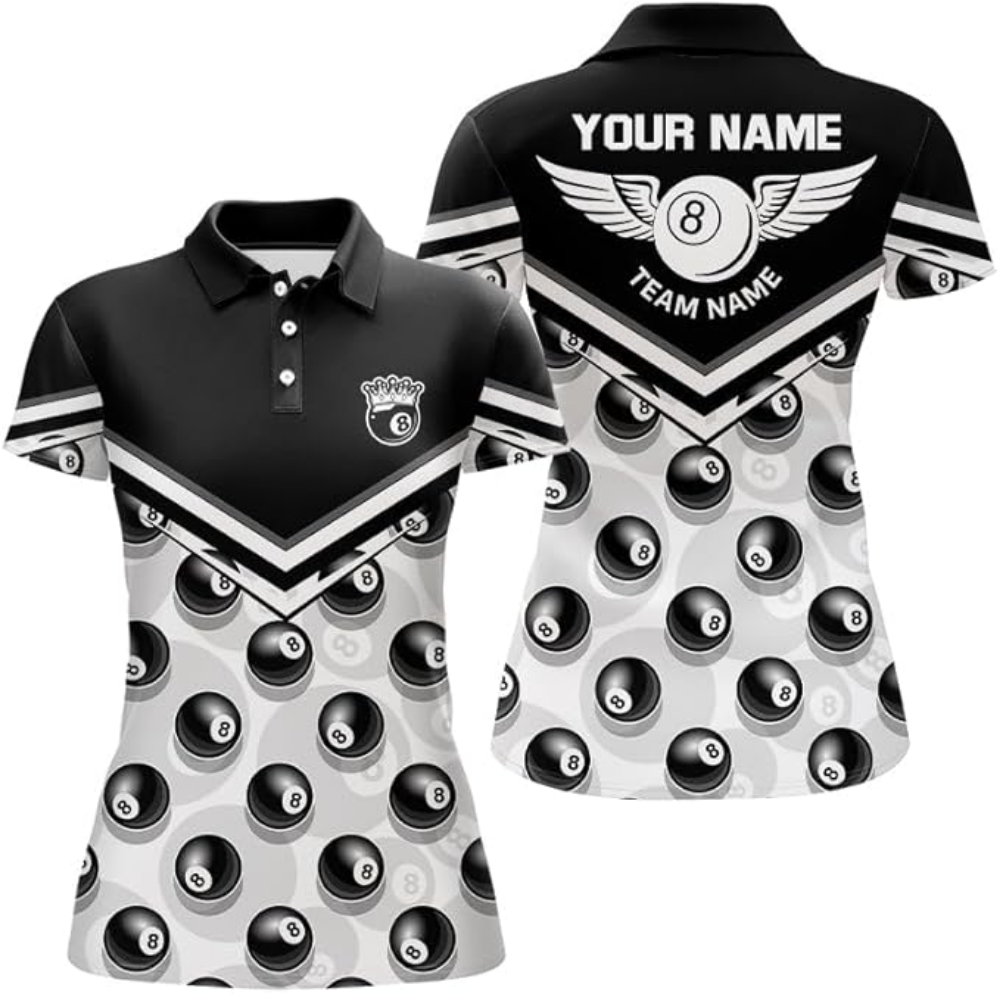 Black And White Custom 8 Ball Billiard Polo Shirt For Ladies, Women's Custom 8 Ball Billiard Team Shirts BIZ0151