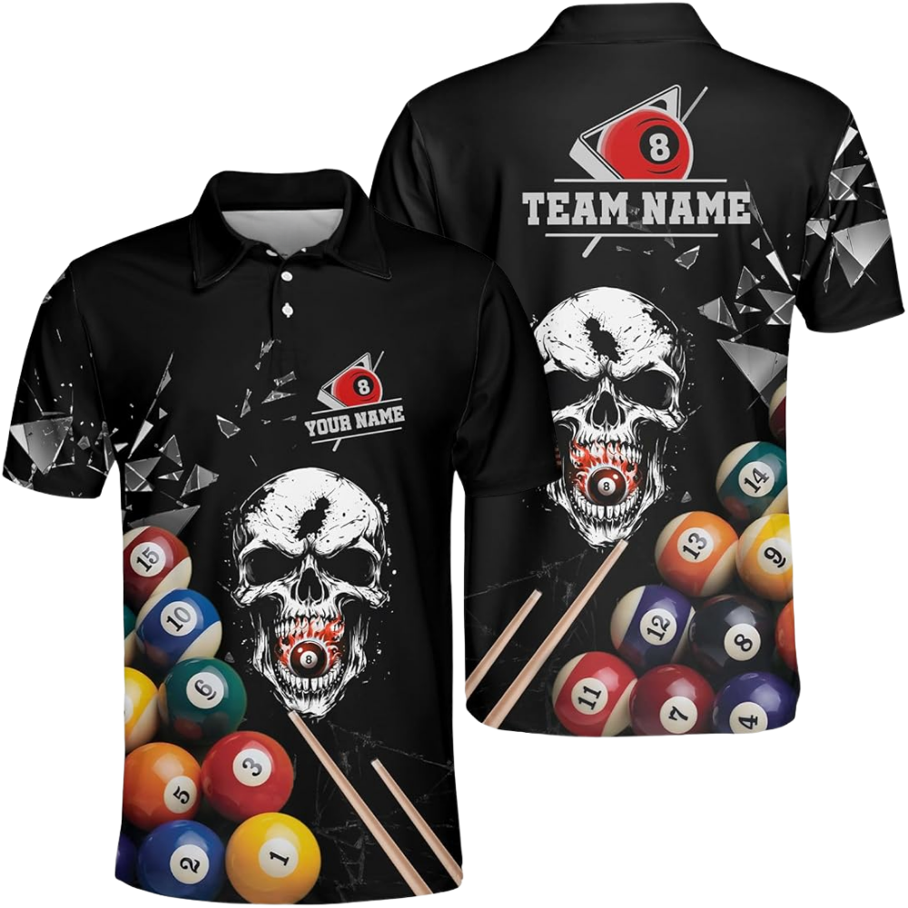 Custom Skull Black Billiard Polo Shirt Mens, Custom Skull Pool Billiard Team Shirts BIZ0153