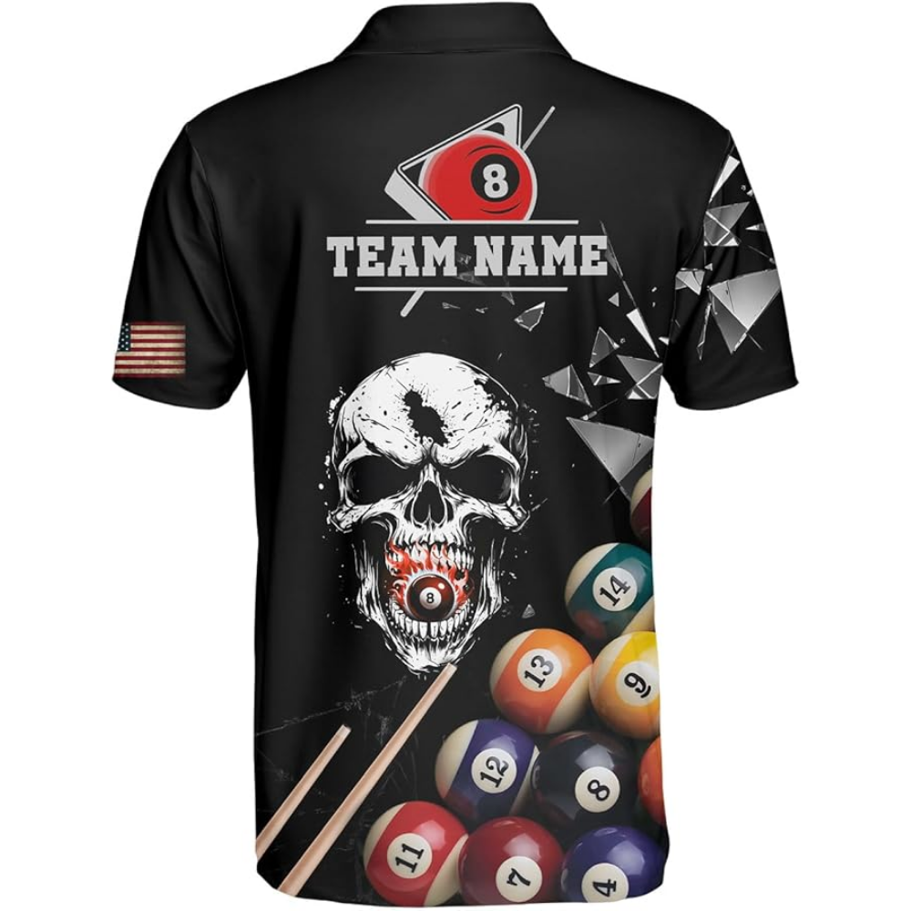 Custom Skull Black Billiard Polo Shirt Mens, Custom Skull Pool Billiard Team Shirts BIZ0153