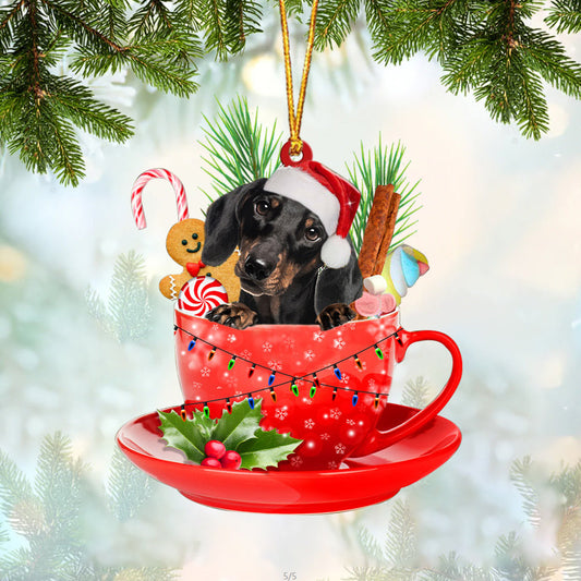 BLACK Dachshund In Cup Merry Christmas Ornament Flat Acrylic Dog Ornament OO1889