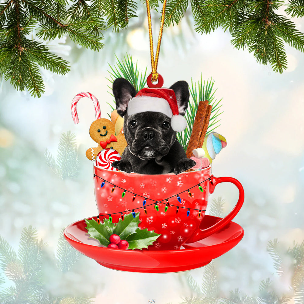 BLACK French Bulldog In Cup Merry Christmas Ornament Flat Acrylic Dog Ornament OO1919