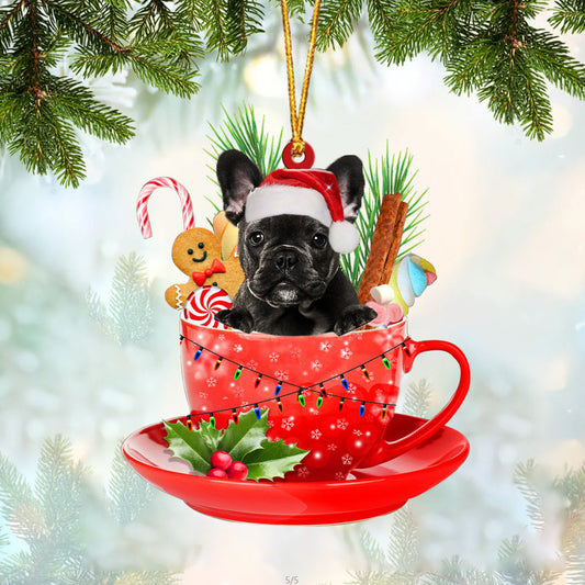 BLACK French Bulldog In Cup Merry Christmas Ornament Flat Acrylic Dog Ornament OO1919